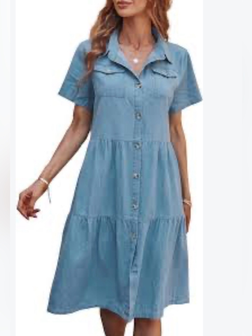 Light Blue Chambray Button-Front Short Sleeve Shirt Dress